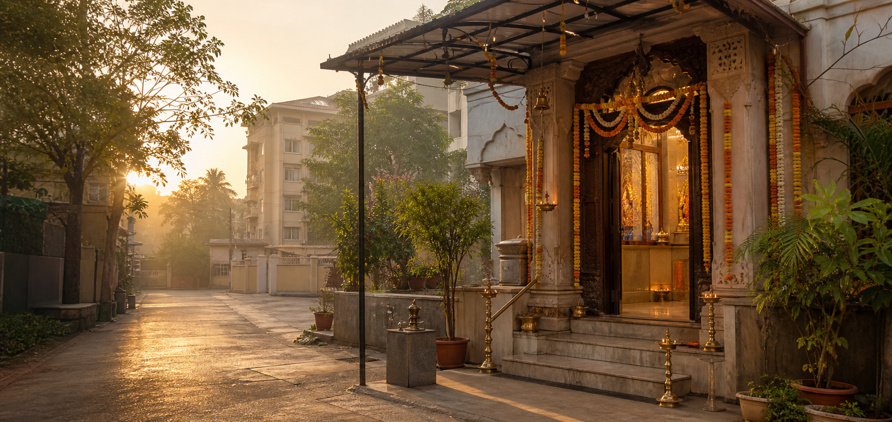 A warm devotional mandir entrance scene created as a non-official first-pass website visual